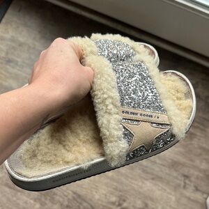 Golden Goose Glitter and Shearling Slides